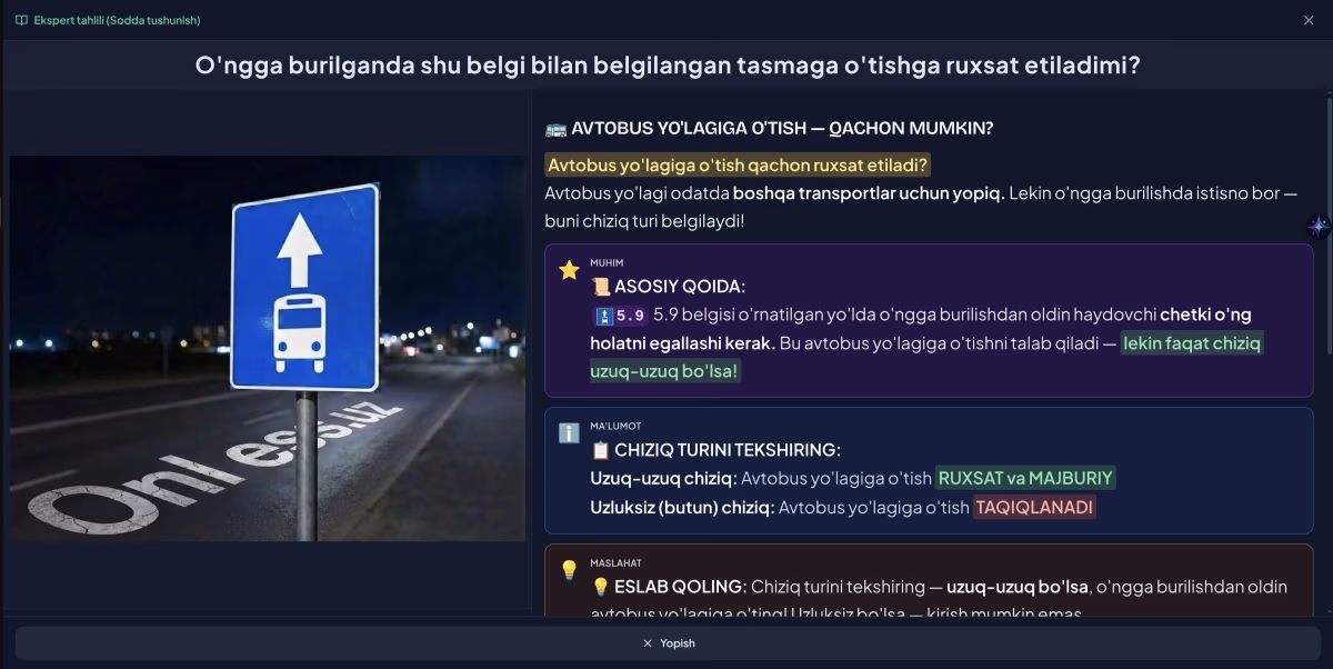 Onless ilovasida haydovchilik imtihoni mashqi ekrani